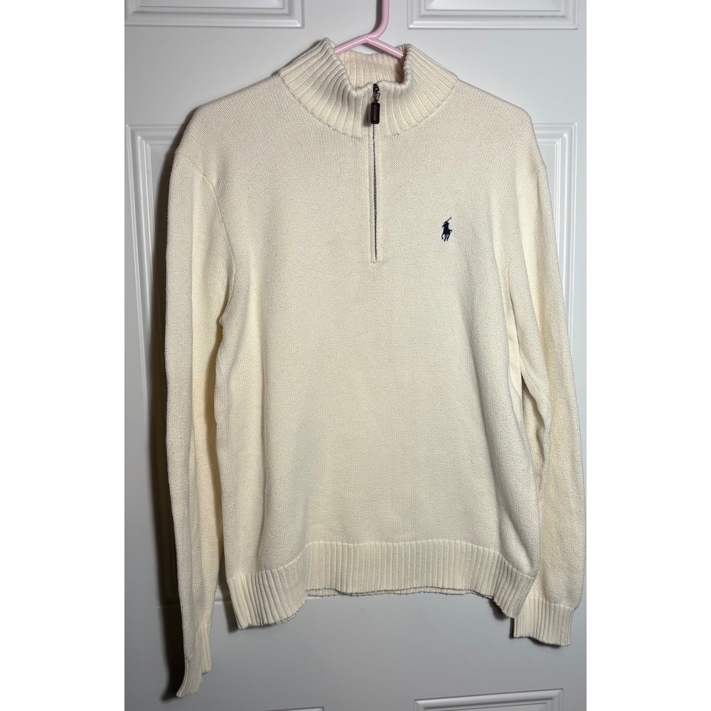Polo Ralph Lauren Mens Cream Cotton Quarter Zip Sweater M Navy Pony Logo 38807